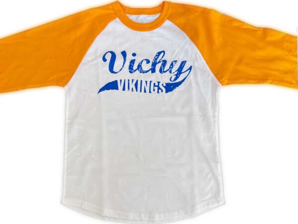gold raglan shirt with Vichy logo in blue