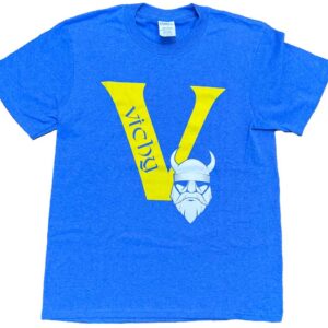 Blue Vichy T-shirt with gold V and Viking mascot
