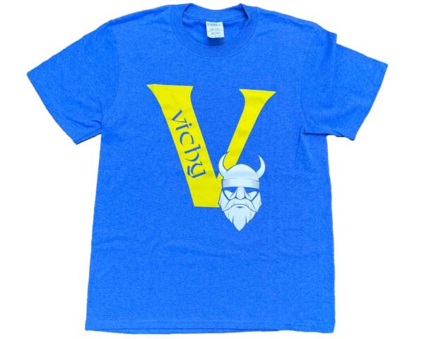 Blue Vichy T-shirt with gold V and Viking mascot